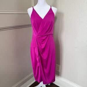 Eliza J Magenta Fuchsia Gathered Ruffle Bodycon Midi Dress Wrap Bodice Size 8